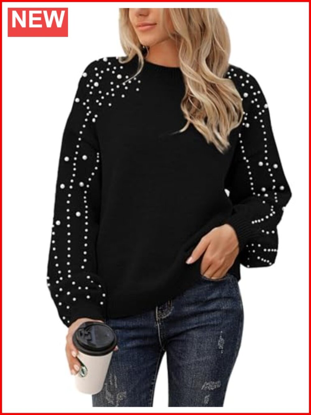 Oversized Chunky Knit Sweater Mock Neck Pearl Detail Pullover